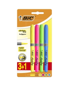 BIC Highlighter Grip Subrayadores Fluorescentes de Punta Biselada, Óptimo para material escolar,Colores Surtidos, Blíster de 4